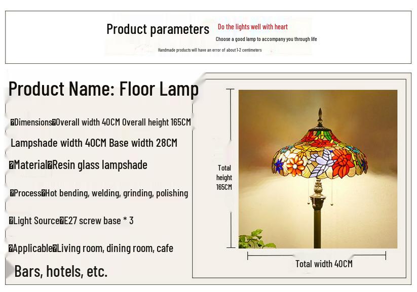 Retro Nordic Style Tiffany Floor Lamp - Colored Glass Light for Living Room, Bedroom, or Study.