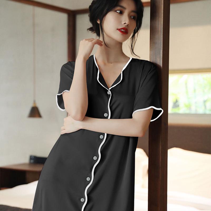 Women’s Sexy Short Sleeve Princess Style Satin Ice Silk Shirt Nightgown Spring Summer Autumn Sleepwear