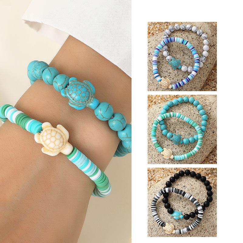 WTEMPO Summer Ocean-Themed Polymer Clay Bracelet Set Cute Stackable Stretch Bracelets & Anklet with Synthetic Turquoise and Sea Turtle Charms