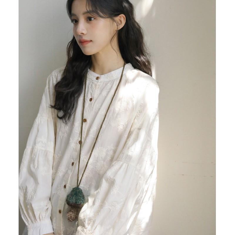 Johnature Forest Style Embroidered Shirt For Women Spring French Retro Casual Women Tops S