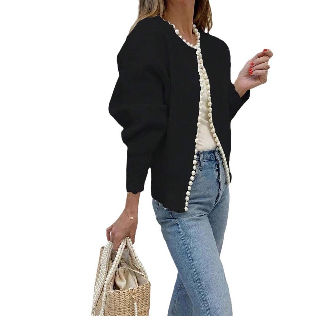 Spring Round Neck Pearl Trim Knit Top Cropped Long Sleeve Detailed Cardigan Fashion Coat Women