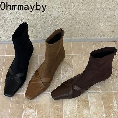 Autumn Vintage Women Ankle Boots Low Heels Zipper Shoes Fashion Square Toe Comfortable Short Botas  De Mujer