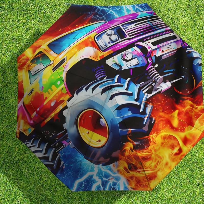 1pc Monster Truck Fire Pattern Umbrella Design Automatic Opening and Closing Umbrella, High-quality Travel Umbrella,  c1128244