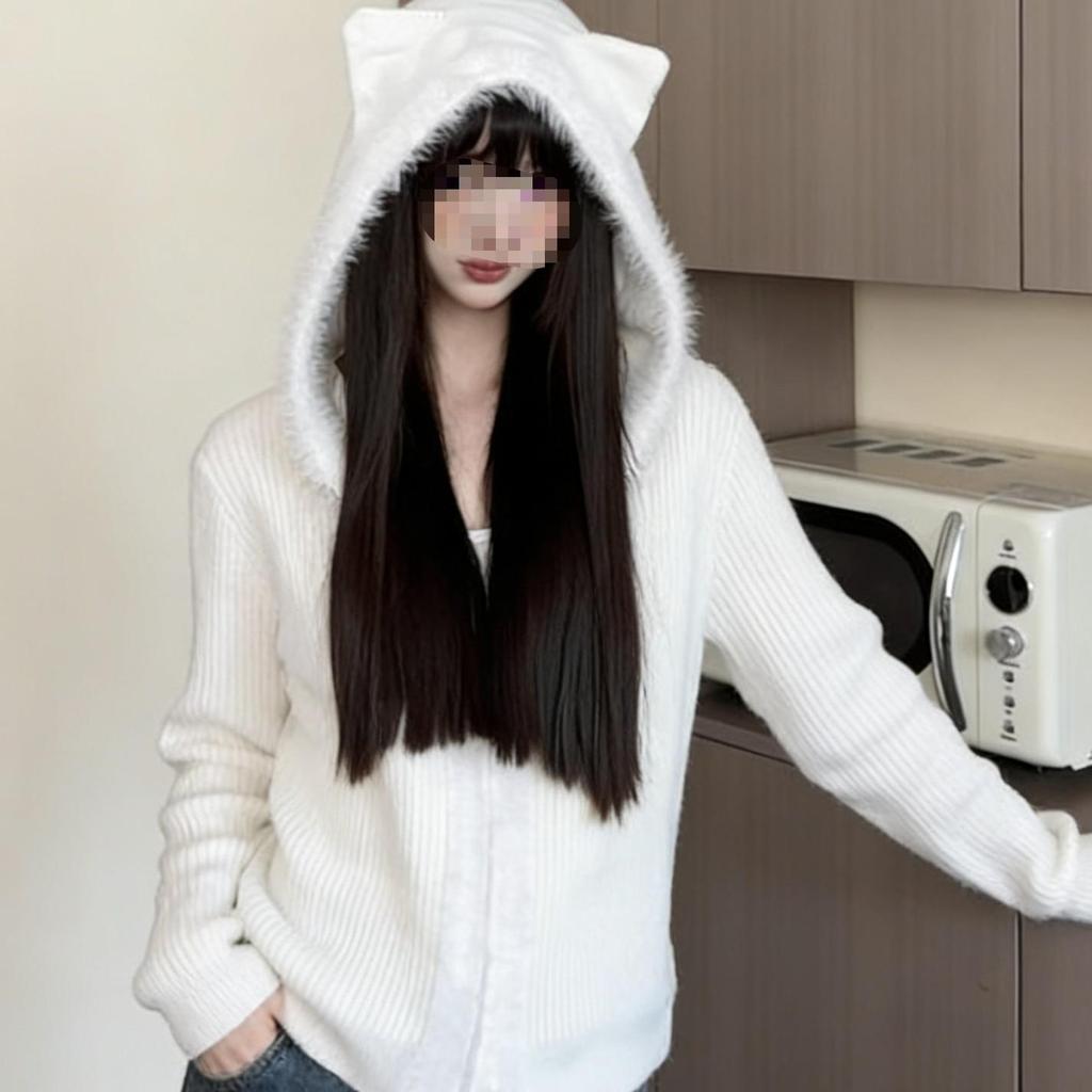 Women's Autumn Knit Cardigan: Black Cat Ear Hooded Zipper Sweater Coat with Long Sleeves.