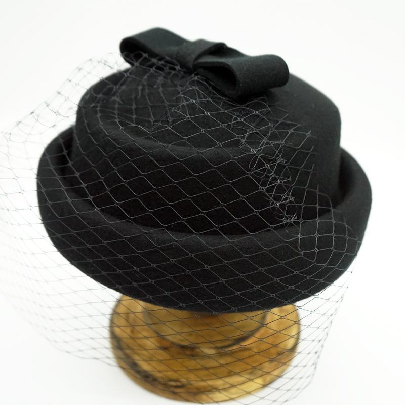 Japanese Retro Black White Brown Bow Mesh Crimped Woolen Top Hat Female Cute Elegant Beret