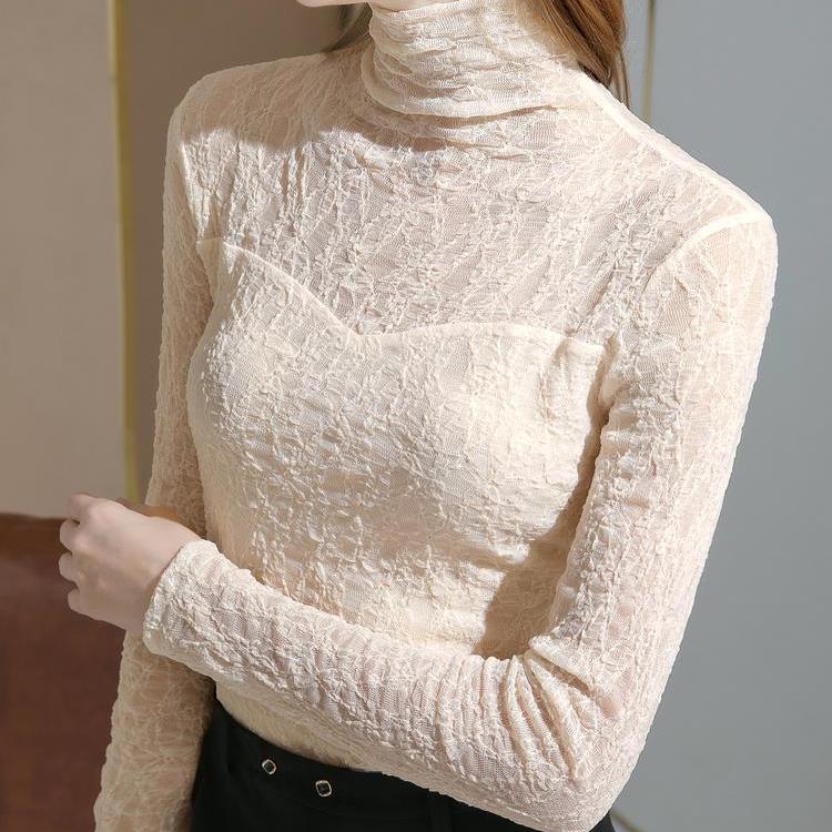 Dámské nové jarní podzimní nové tričko se stojáčkem s dlouhým rukávem spodní košile jednobarevné krajkové topy