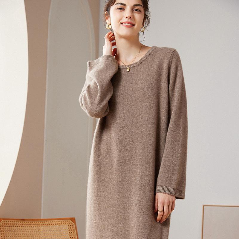 

Women s Pure Cashmere Round Neck Knit Sweater Dress - Korean Style, Long Sleeve for Autumn & Winter One Size