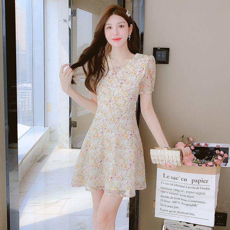 

Women s Petite Elegant Floral Chiffon Summer Dress 2025 - Waist-Cinched Slimming Short-Sleeved Skirt S (up to 95 jin)