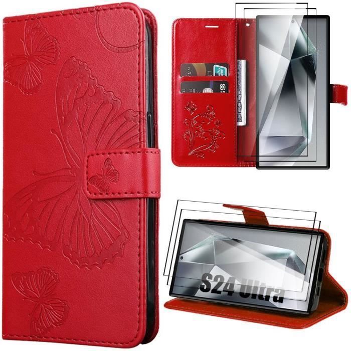 Coque de protection - BOOLING - pour Samsung Galaxy S24 Ultra - Rouge - Effet Cuir à Motif Papillon - 2 Verres Trempés