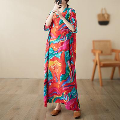 Summer V-neck Thin Plus Size Loose Literary Holiday Style Beach Dress Vintage Long Dresses