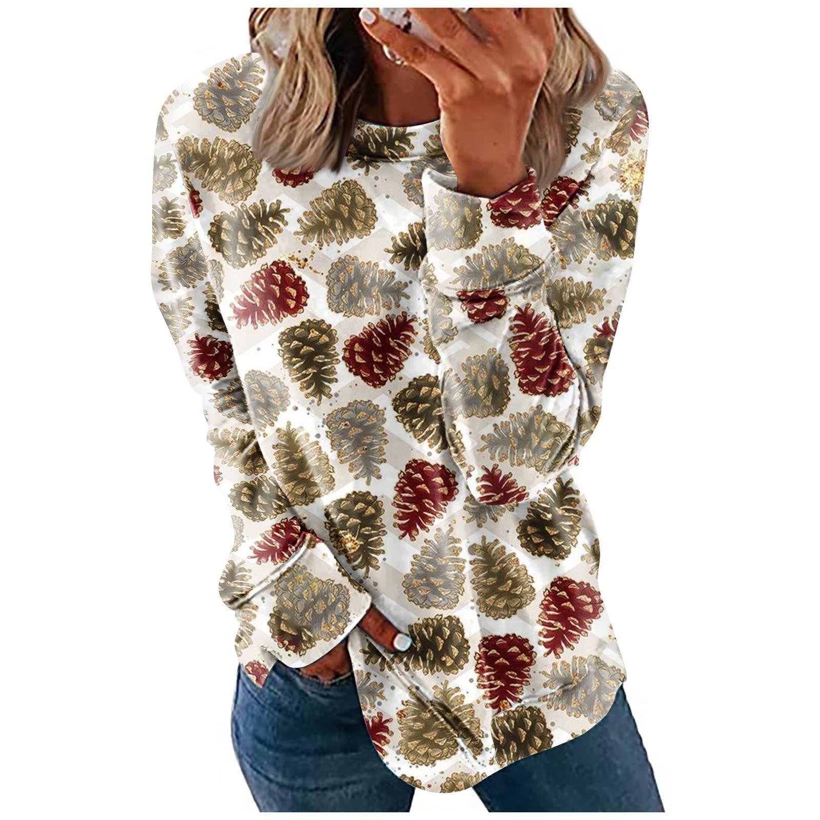 

Women s Fashion Casual Christmas Printed Round Neck Pullover Long Sleeve Top XXL хакі