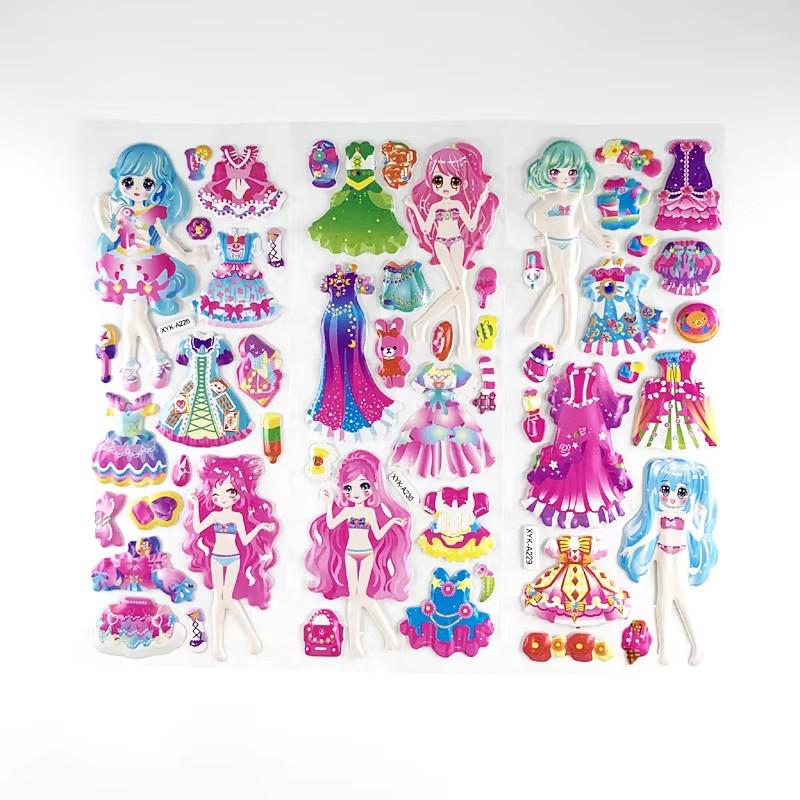 6/12/24pcs 3D Bubble Sticker Dress Up Girl Cute Design Various Styles Reusable Children Sticker Toy Birthday Gift for Girls TMZ