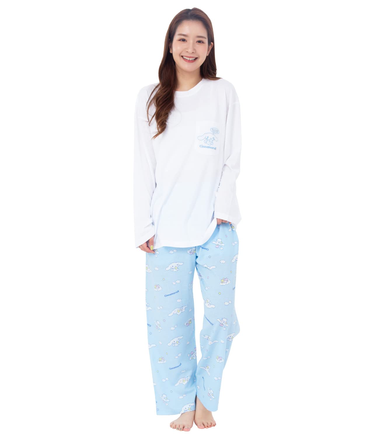

SAZAC Cinnamoroll Long Sleeve Pajama Set and Jersey Cotton Loungewear Women s (Top Bottoms), (Sax/L/SAN1698)