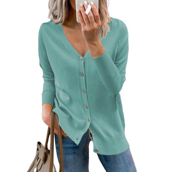 

FASHION V-Neck Long Sleeve Ribbed Trim Ladies Sweater Autumn Winter Solid Color Buttons Placket Knitted Coat Outerwear L озеро синього кольору