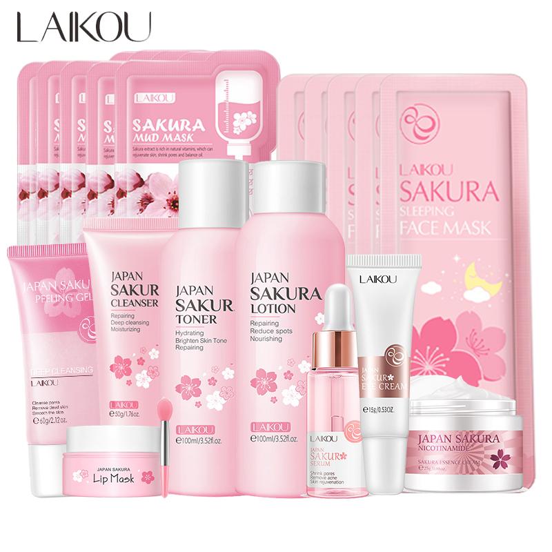 Sakura Oczyszczający Żel do Twarzy Koreańskie Serum do Twarzy Peeling Złuszczający Nawilżający Tonik Krem pod Oczy Krem z Filtrem Kosmetyki Zestaw do Pielęgnacji Skóry