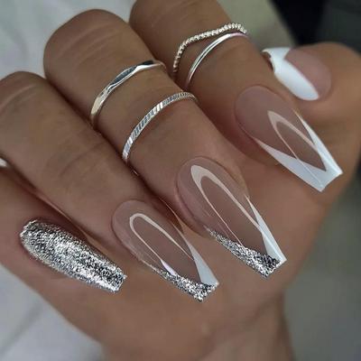 WM-72 Silber V-förmig Elegante Tragbare Falsche Nägel - 24-teiliges Set