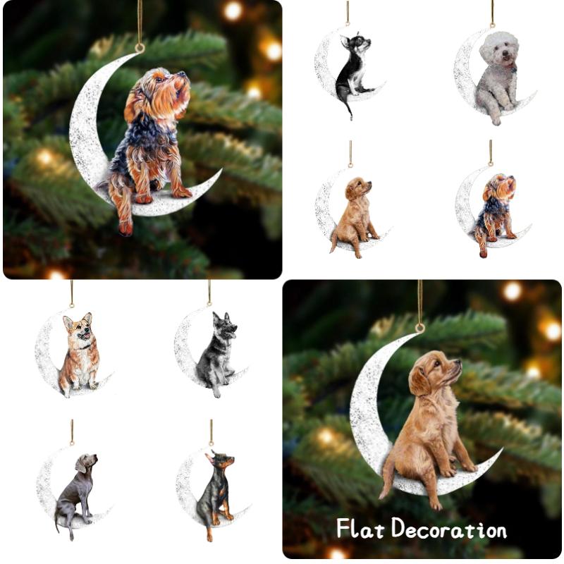 Dog Moon Flat Acrylic Car Hanging Pendant Backpack Ornaments Holiday Decor Home
