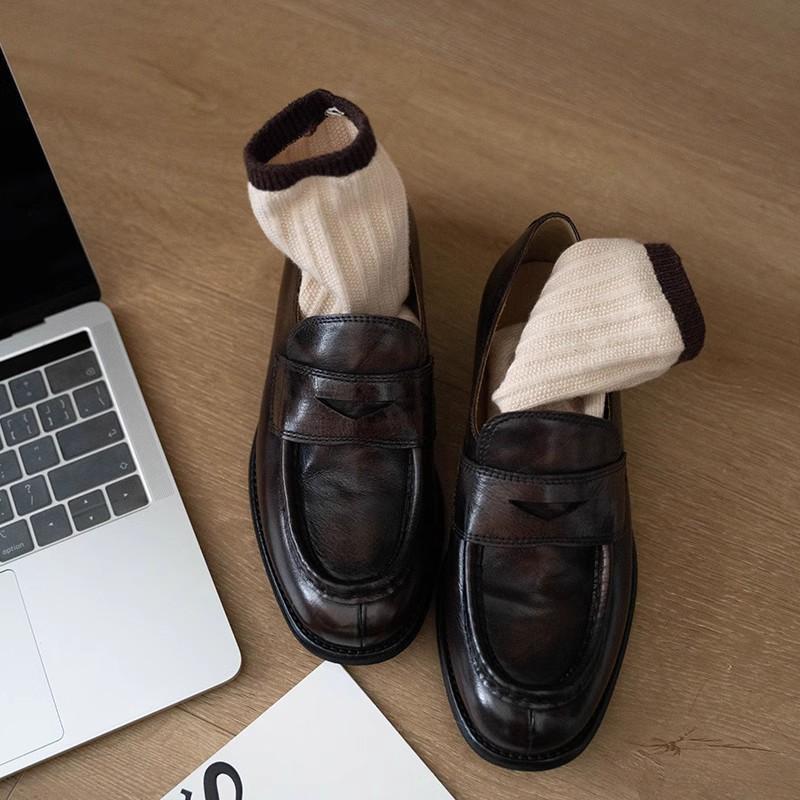 Sheepskin~ Platform Leather Loafers for Women's British Style Retro Lazy One-pedal Single Shoes with Skirt Jk Small Leather Shoes