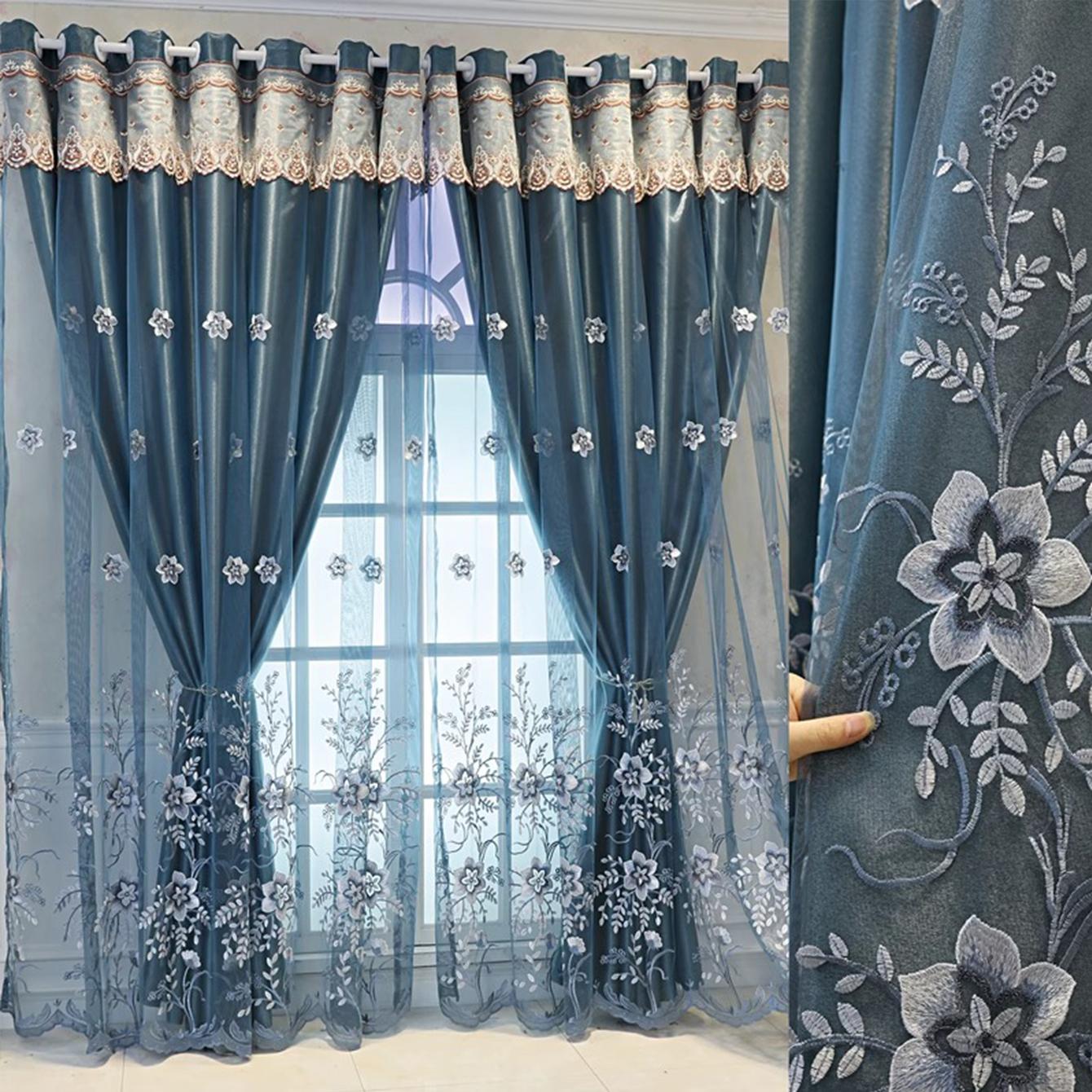 

Plant Flower Blackout Curtain Cloth Nordic Simple Bedroom Living Room Balcony Atmospheric Double Layer W132xH183cm&Grommet Top темно-синього кольору