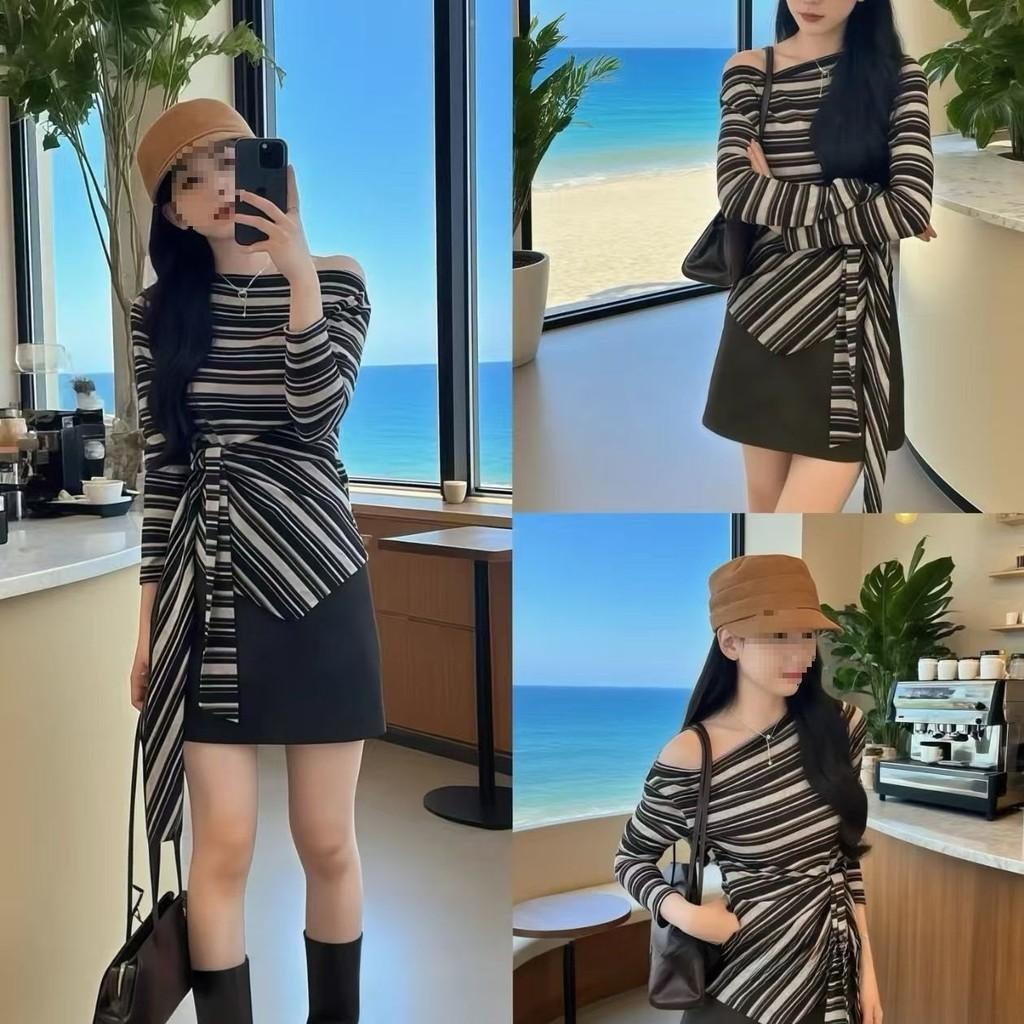 Korean Style Striped T Shirt With Tie Details For Fall Winter Fashion