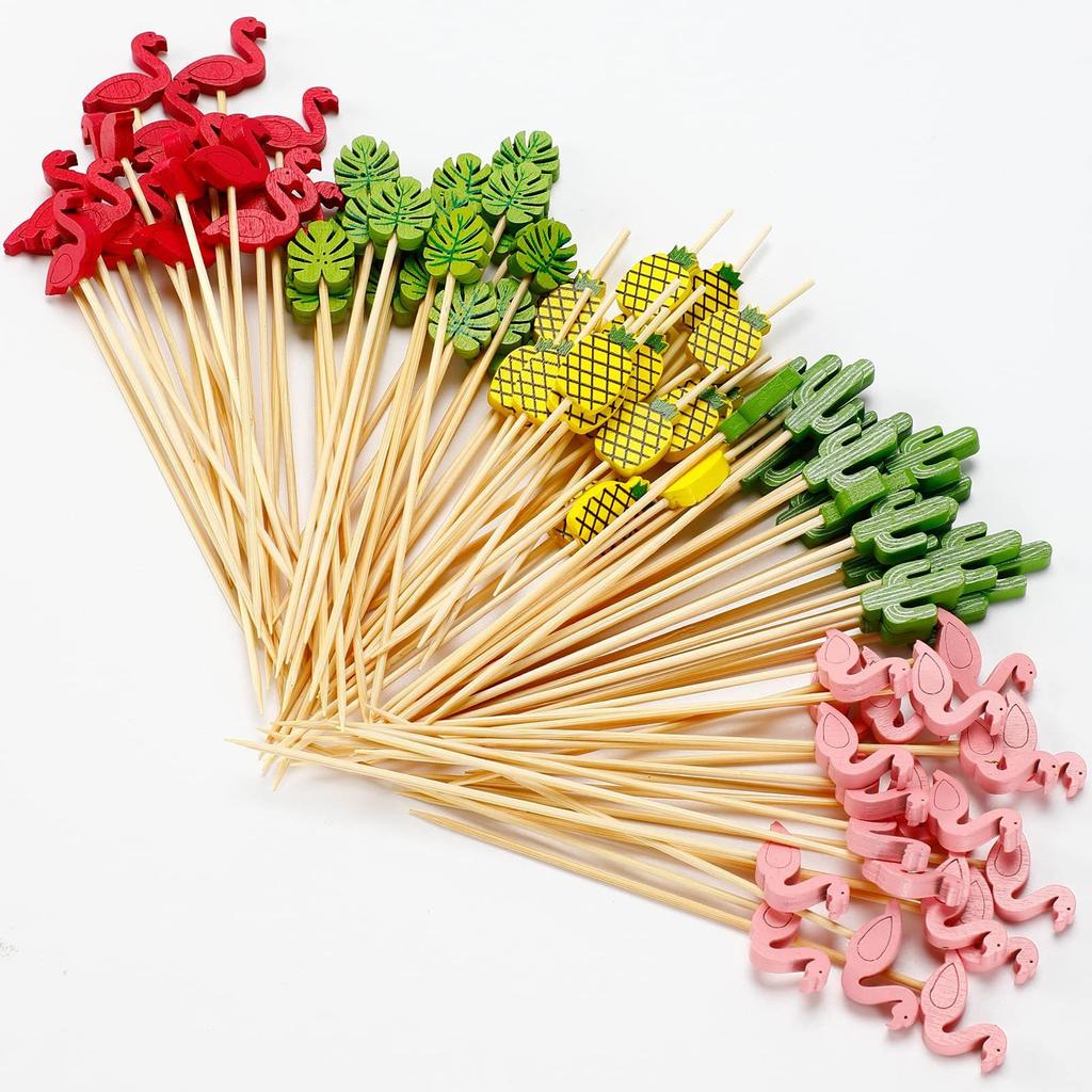 20pcs/set Hawaii Theme Fruit Sticks Flamingo Fruit Disposable Bamboo Sticks Summer Beach Party Supplies Hawaii Birthday Decors