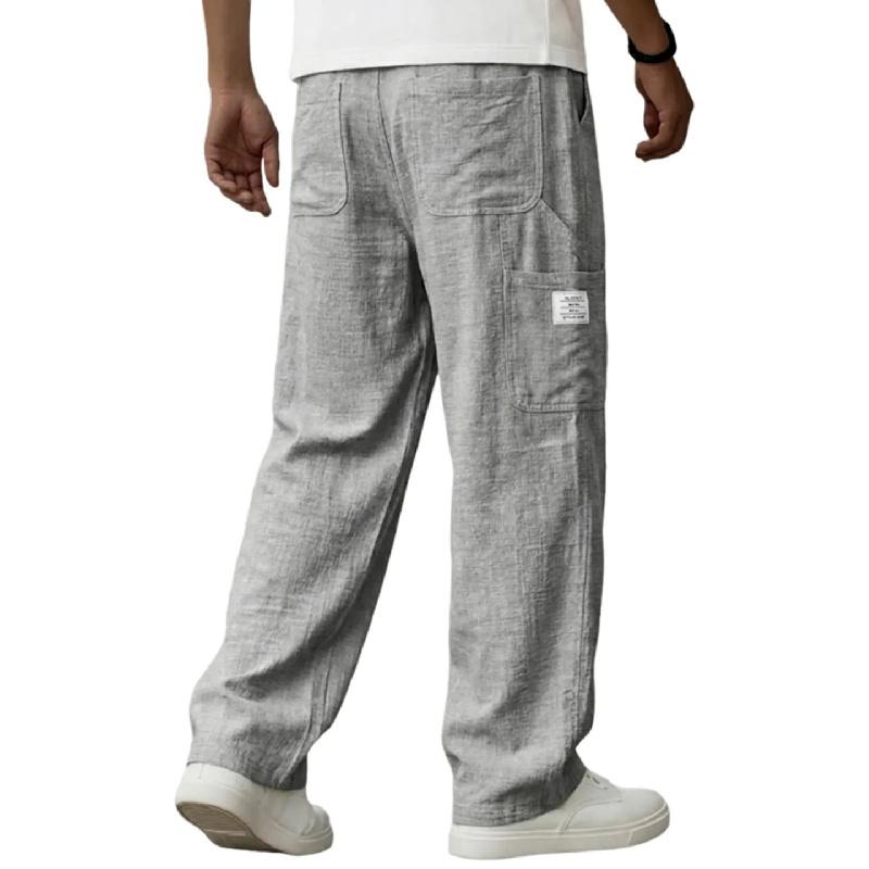 2026 Spring/Summer New Men's Solid Color Breathable Cotton-Linen Pocket Casual Trousers