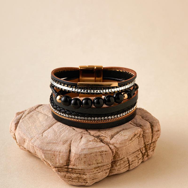 Bohemian Retro Multilayer Women Glass Drill Leather Magnetic Buckle Bracelet