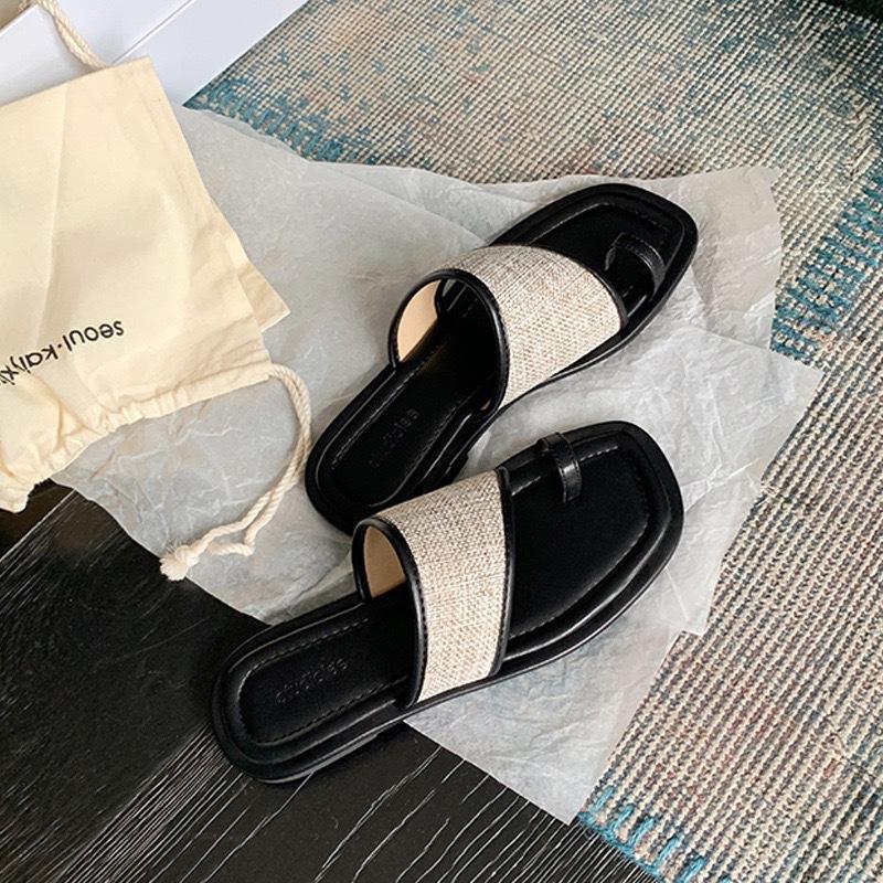 Sheepskin version casual summer square head toe straw splicing flat-bottomed slippers women's genuine leather one-and-a-half slippers cool slippers