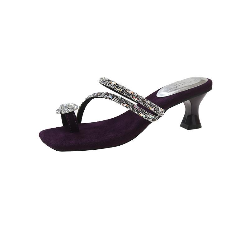 Medium heel slippers women's new summer outer wear with skirt fashion thick heel rhinestone cool slippers