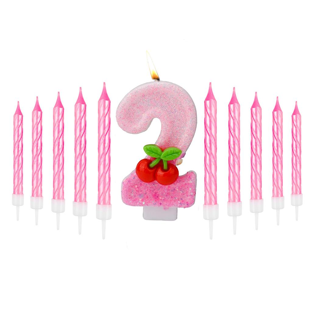 11pcs Cherry Birthday Number 0-9 Candles,Sequins Pink Cupcake Toppers Decorations for Women Girls Birthday Party Supplies Decors