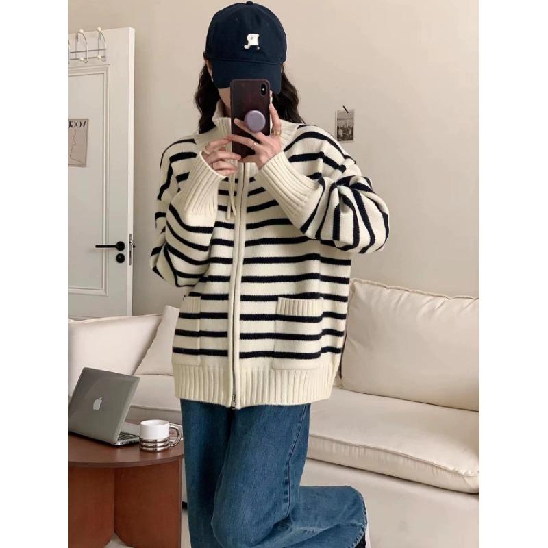 Retro Lapel Striped Double Zipper Knitted Cardigan Women's Autumn and Winter New Loose Versatile and Thin Sweater Jacket
