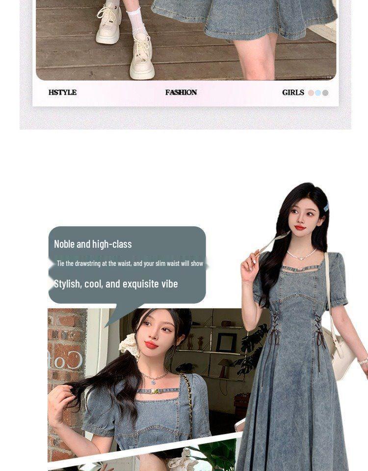 Plus Size Denim Puff Sleeve Square Neck Summer Dress for Women