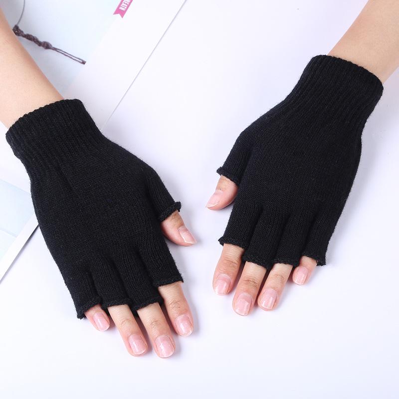 Autumn/Winter Warm Acrylic Knit Half-Finger Solid Color Office Gloves