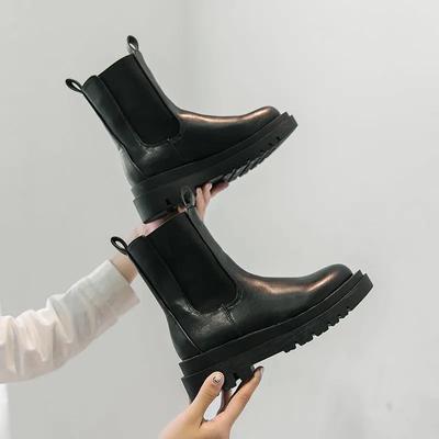Mulheres chelsea botas primavera novo preto meados de tornozelo plataforma plana senhora sapatos femininos todos os jogos clássico conciso moda dedo do pé redondo sapatos