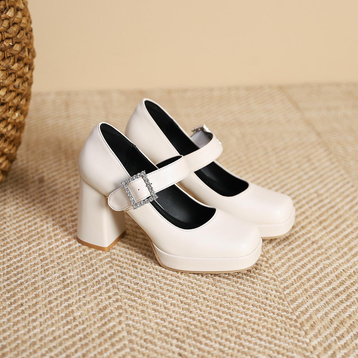 

3359-19 Однословная пряжка со стразами, туфли Мэри Джейн на толстом каблуке, женские французские ретро туфли на высоком каблуке с квадратным носком и открытым верхом 40