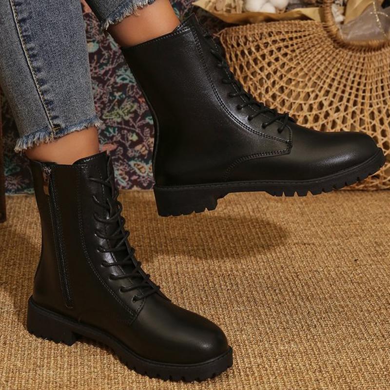 Fashion Women's Shoes British Solid Zip Ankle Boots for Woman Autumn Winter Round Toe Lace-Up Short Boots Women Pu Leather Shoes Zapatos