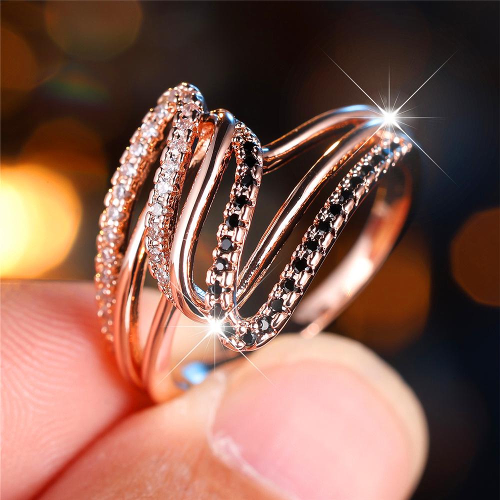Luxury Female White Black Zircon Stone Finger Ring Vintage Rose Gold Color Wedding Band Bridal Jewelry For Women