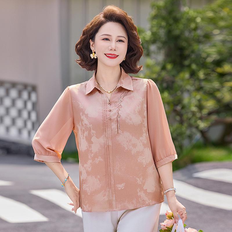 Stylish Summer Shirt for Middle-aged Women: Chinese Style T-shirt, 2026 Collection, Loose and Elegant 3XL (for 115-130 jin) розовый