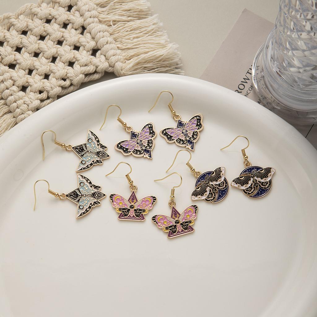 Dark Wind Oil Butterfly Earrings, Creative Design Sense Alloy Star Moon Moth Ear Hook Earrings Women