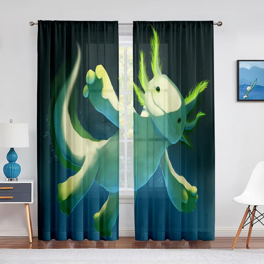 Cartoon Watercolor Axolotl with Hat Sheer Voile Curtain Sealife Reptiles Chiffon Tulle Curtains for Living Room Bedroom Drapes