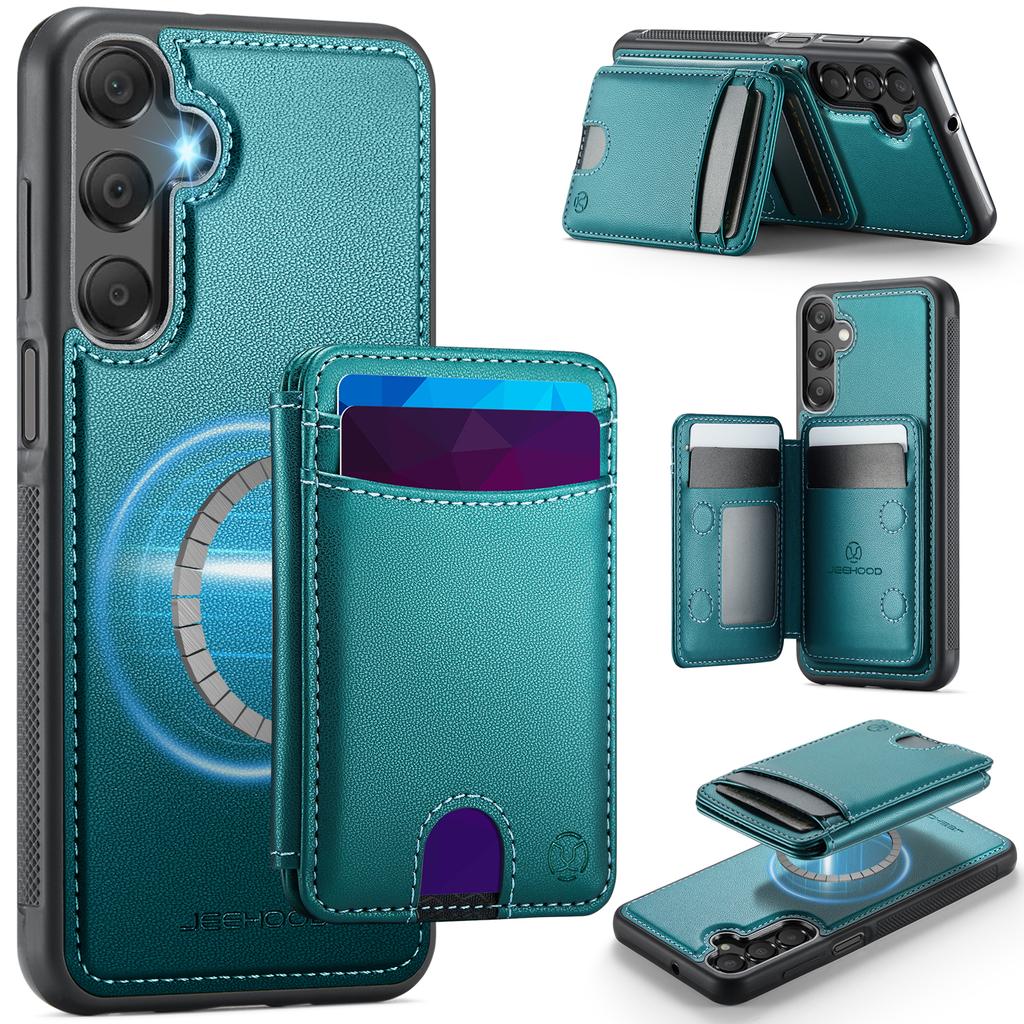 For Samsung Galaxy A15 5G/Galaxy A15 4G Magnetic Case JEEHOOD J10 Leather Back Phone Cover with Detachable Card Holder Kickstand
