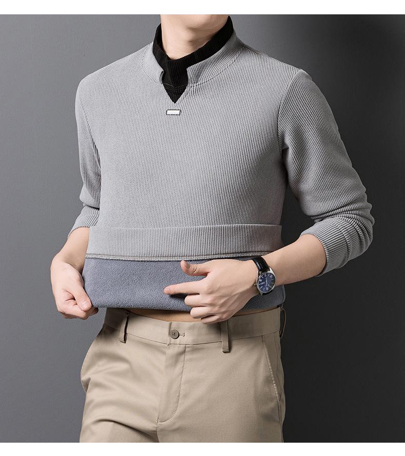Men's Autumn/Winter Thickened Long-Sleeve Top, Half-High Collar, Plus Velvet Warm Knit Base Layer.