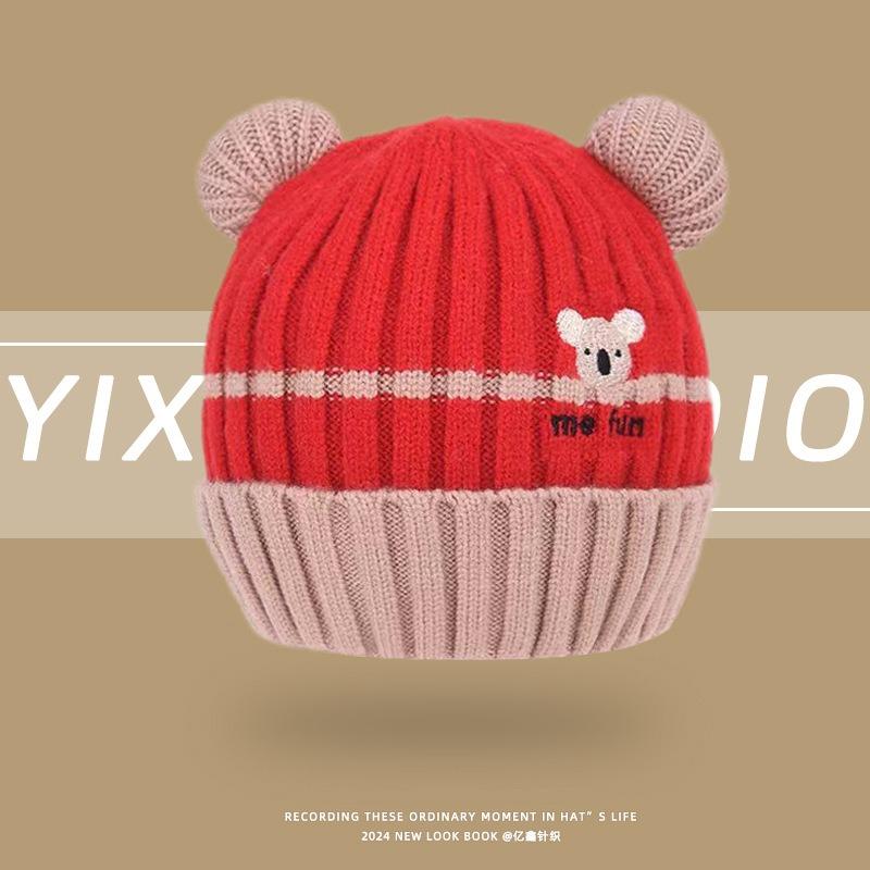 Baby Hat Winter Cute Cartoon Double Ball Wool Hat Boys and Girls Baby Ear Protector Knitted Hat Children's Pullover Hat