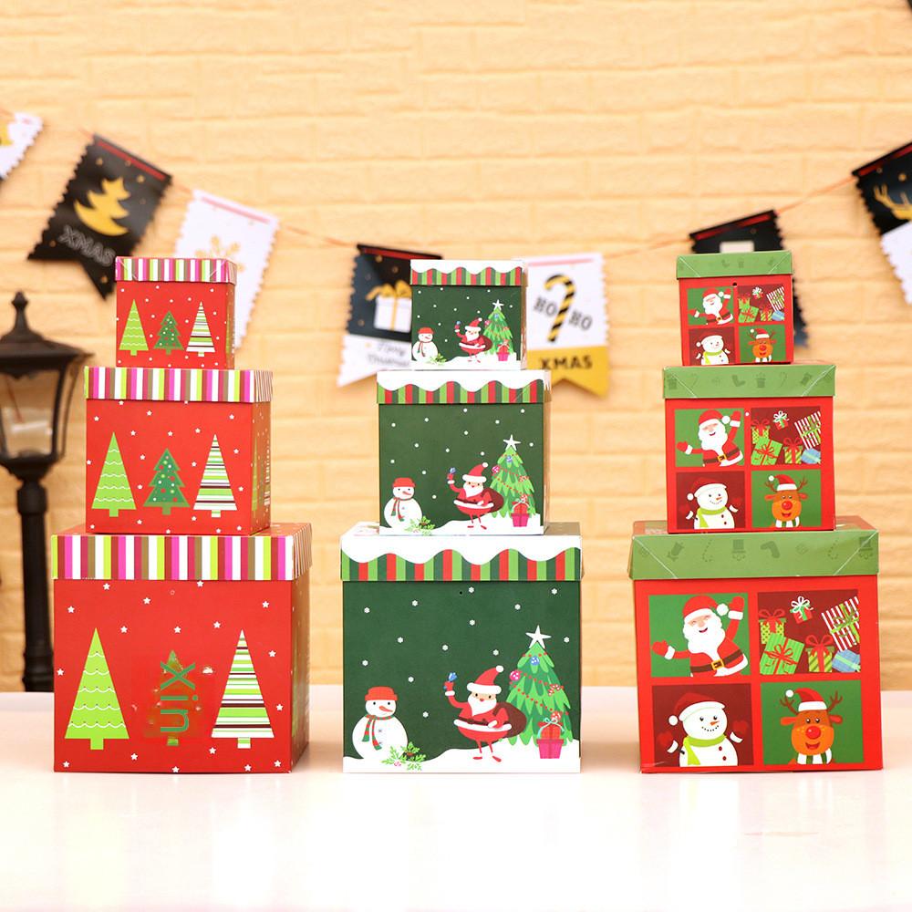 Cartoon Style Festive Christmas Gift Boxes Set Of Three For Holiday Decor Gifts And