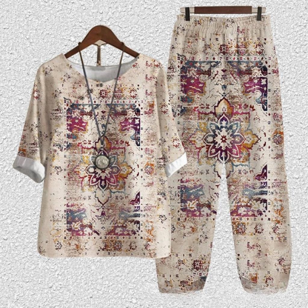 Women's Loose Fit Floral Printed Two Piece Outfit Half Sleeve T-Shirt Elastic Waist Pantsuit