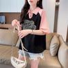 Waffle Splicing Contrasting Color Polo Shirt Short-sleeved T-shirt Women's Design Sense Summer New Large Size Unique Top