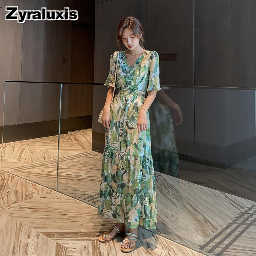Summer New Dress Green Floral Long Skirt High Waist Slimming V-Neck Five-Fifth Sleeve Ruched Bodycon Dress