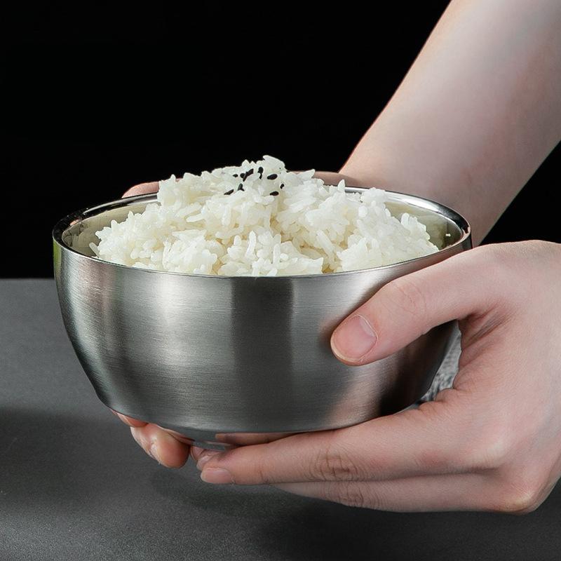 

Миски из нержавеющей стали, двухслойные, утолщенные, термоизоляционные, против ожогов, миска для риса, контейнер для еды, кухонная металлическая посуда 14cm