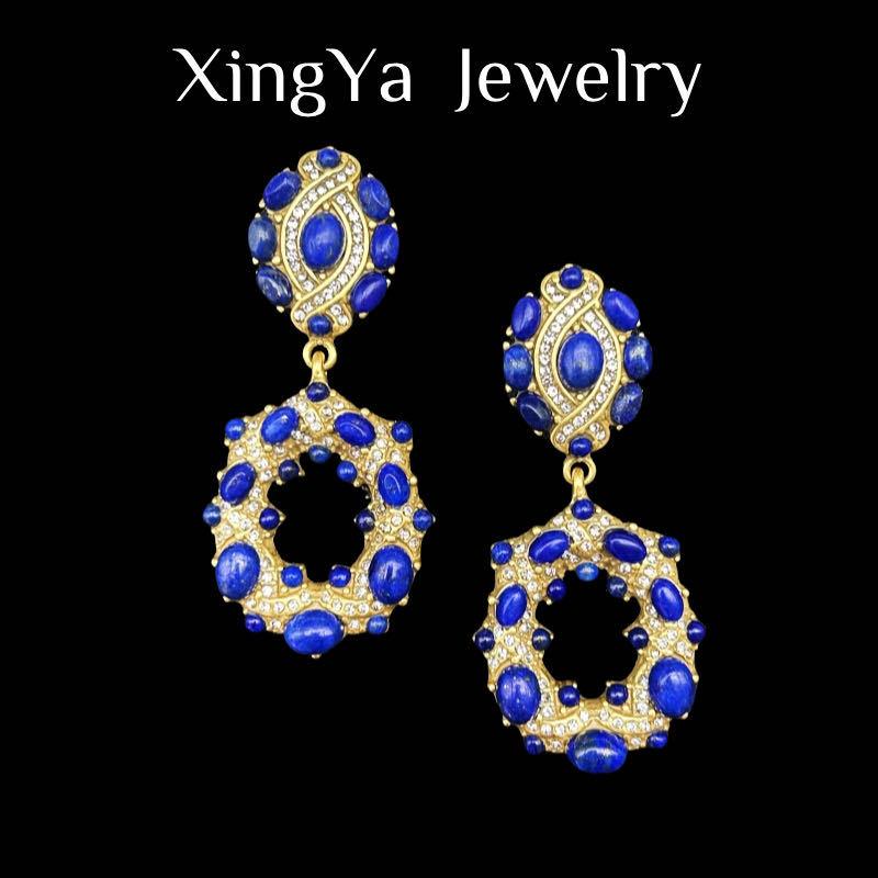 Vintage těžký průmysl Plně vykládané tyrkysové lapis lazuli Geometrické eliptické Elegantní náušnice