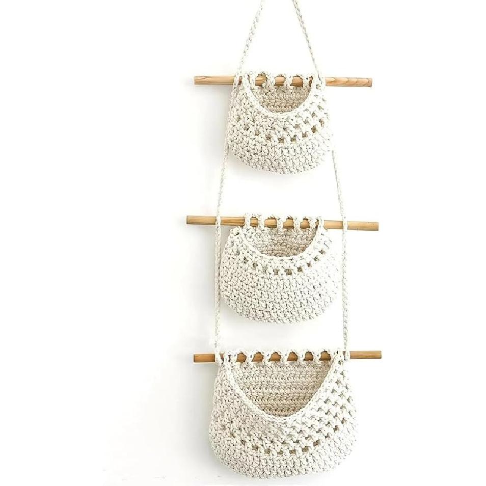 GLigeT Fruit Holder Hanging Fruit Basket, 3 Tier Woven Jute Wall Hanging Basket for Organizing, Hanging Produce Basket for Fruit and Vegetable белый